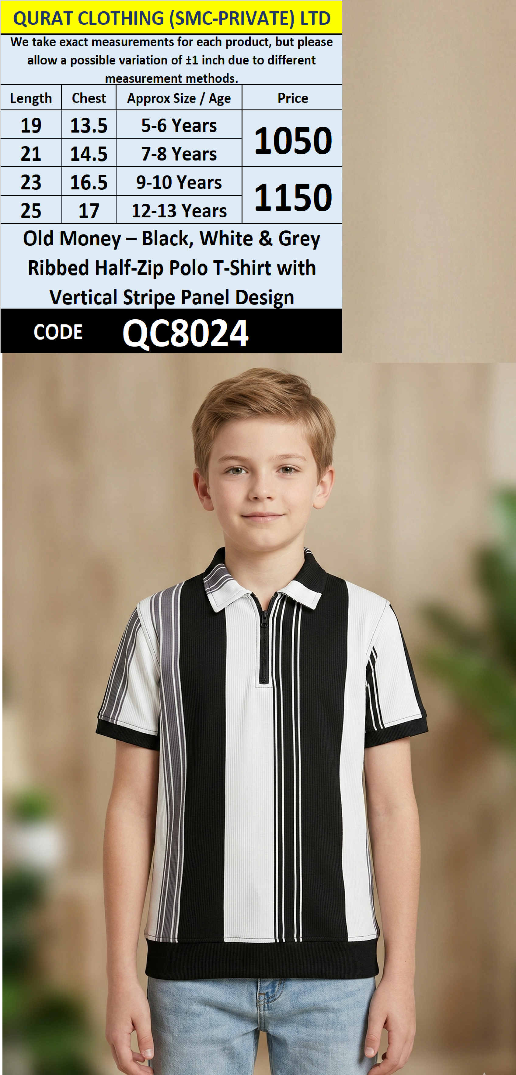 Old Money – Black, White & Grey Ribbed Half-Zip Polo T-Shirt with Vertical Stripe Panel Design – QC8024
