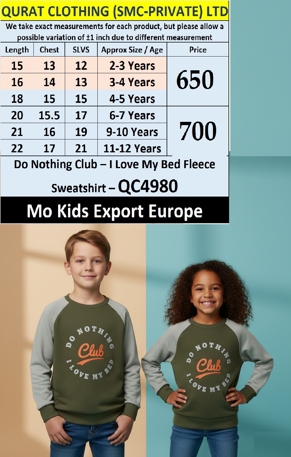 Mo Kids “Do Nothing Club – I Love My Bed” Fleece Sweatshirt QC4980 – Olive Green & Grey Edition – Export Europe