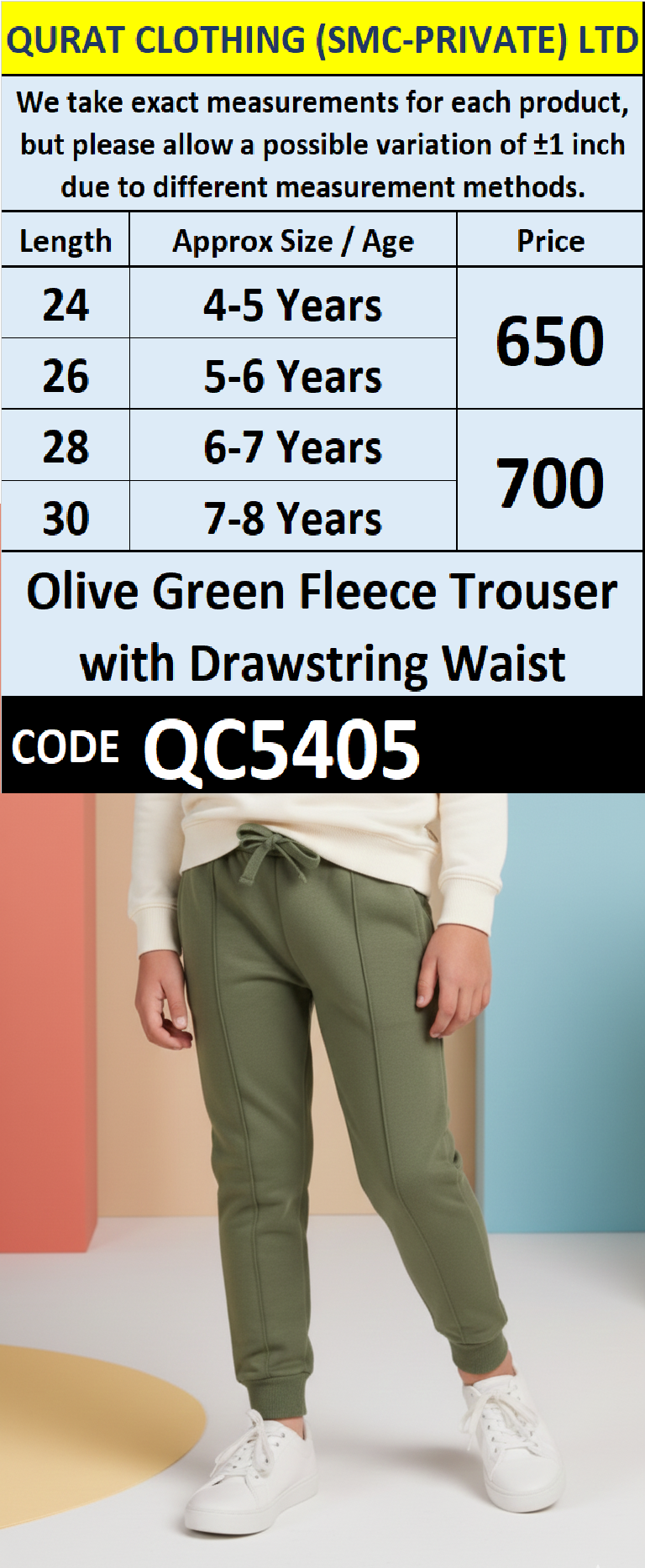 Olive Green Fleece Trouser with Drawstring Waist for Kids QC5405