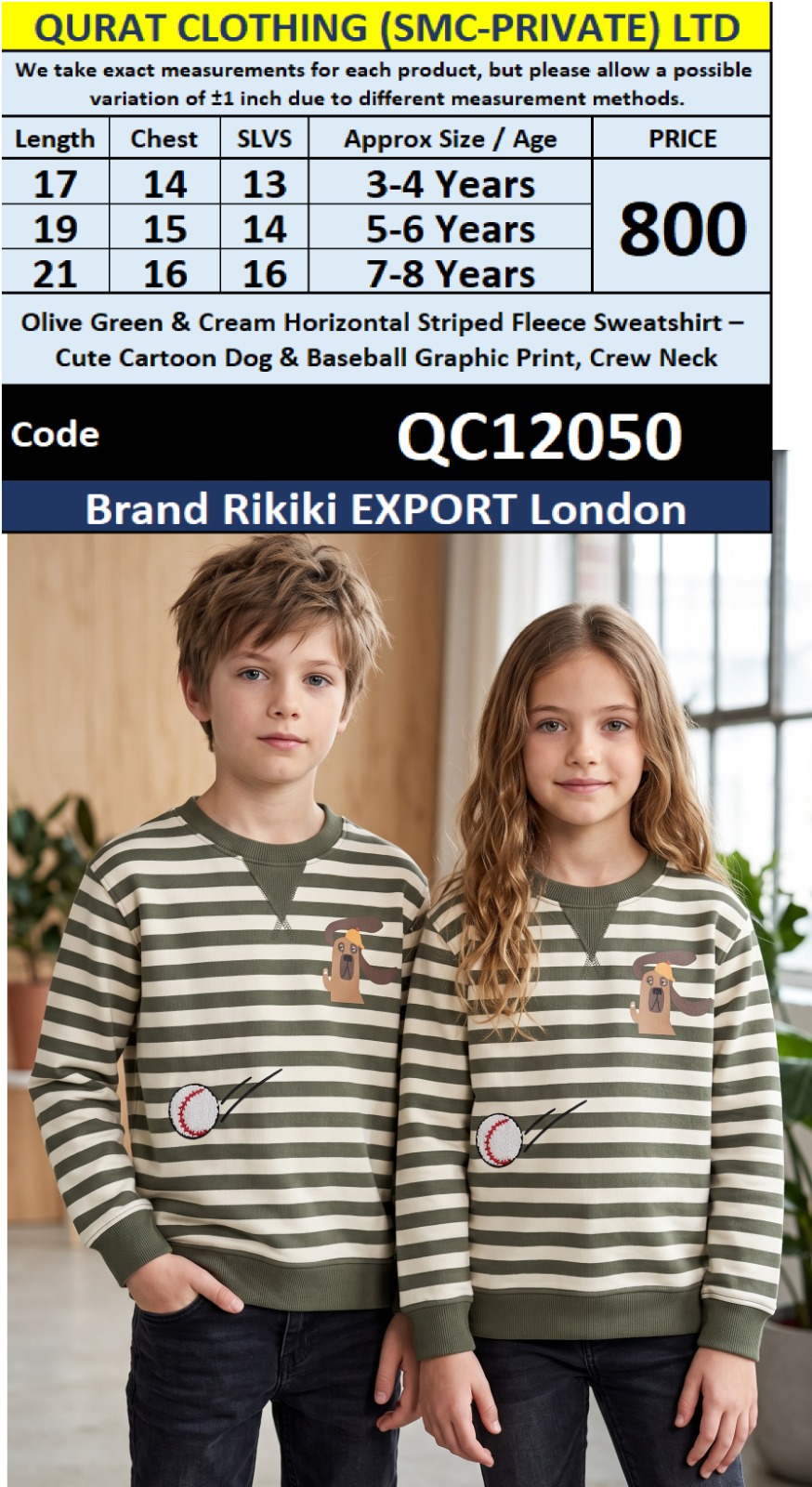 Olive Green & Cream Horizontal Striped Fleece Sweatshirt – Cute Cartoon Dog & Baseball Graphic Print, Crew Neck – Rikiki Export London – QC12050