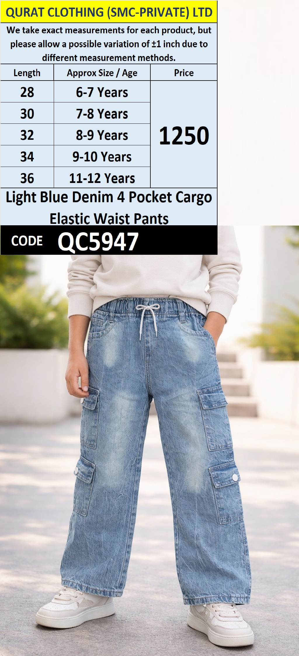 Light Blue Denim 4 Pocket Cargo Elastic Waist Pant for Kids QC5947