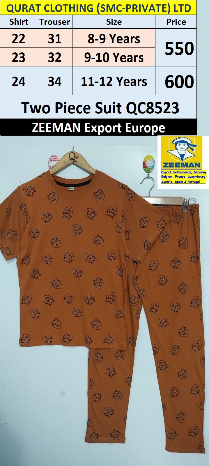 Cotton Blended Two Piece Suit of Zeeman Brand QC8523 Export Europe 