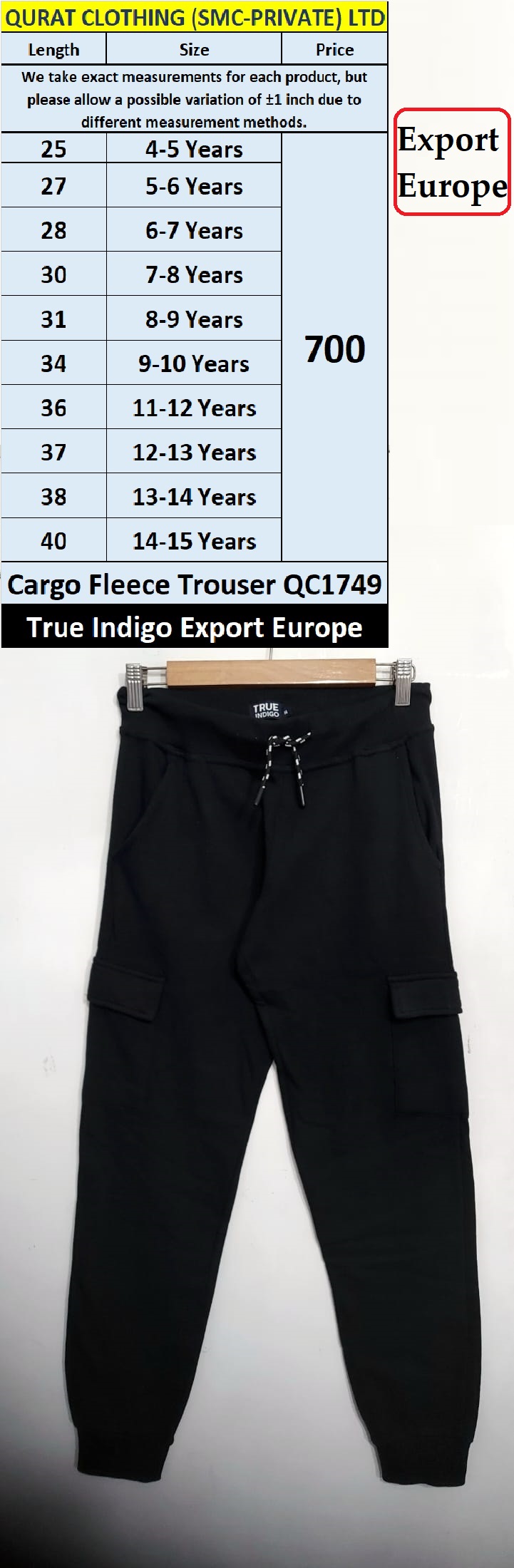 True Indigo Brand Cargo Fleece Black Trouser QC1749 Export Europe | Qurat Clothing