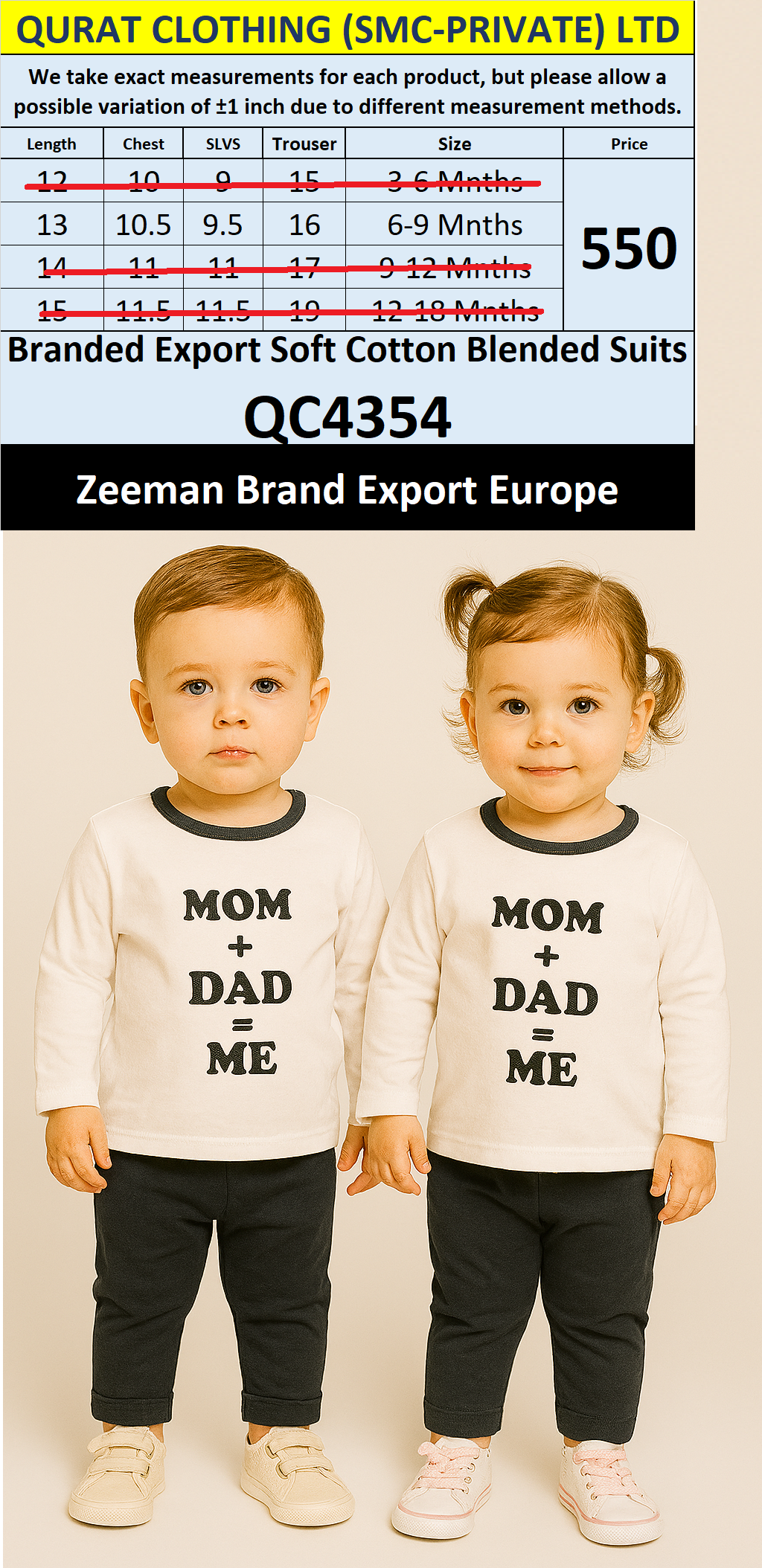 Zeeman Brand Unisex Soft Cotton Blended Suits QC4354 Export Europe 