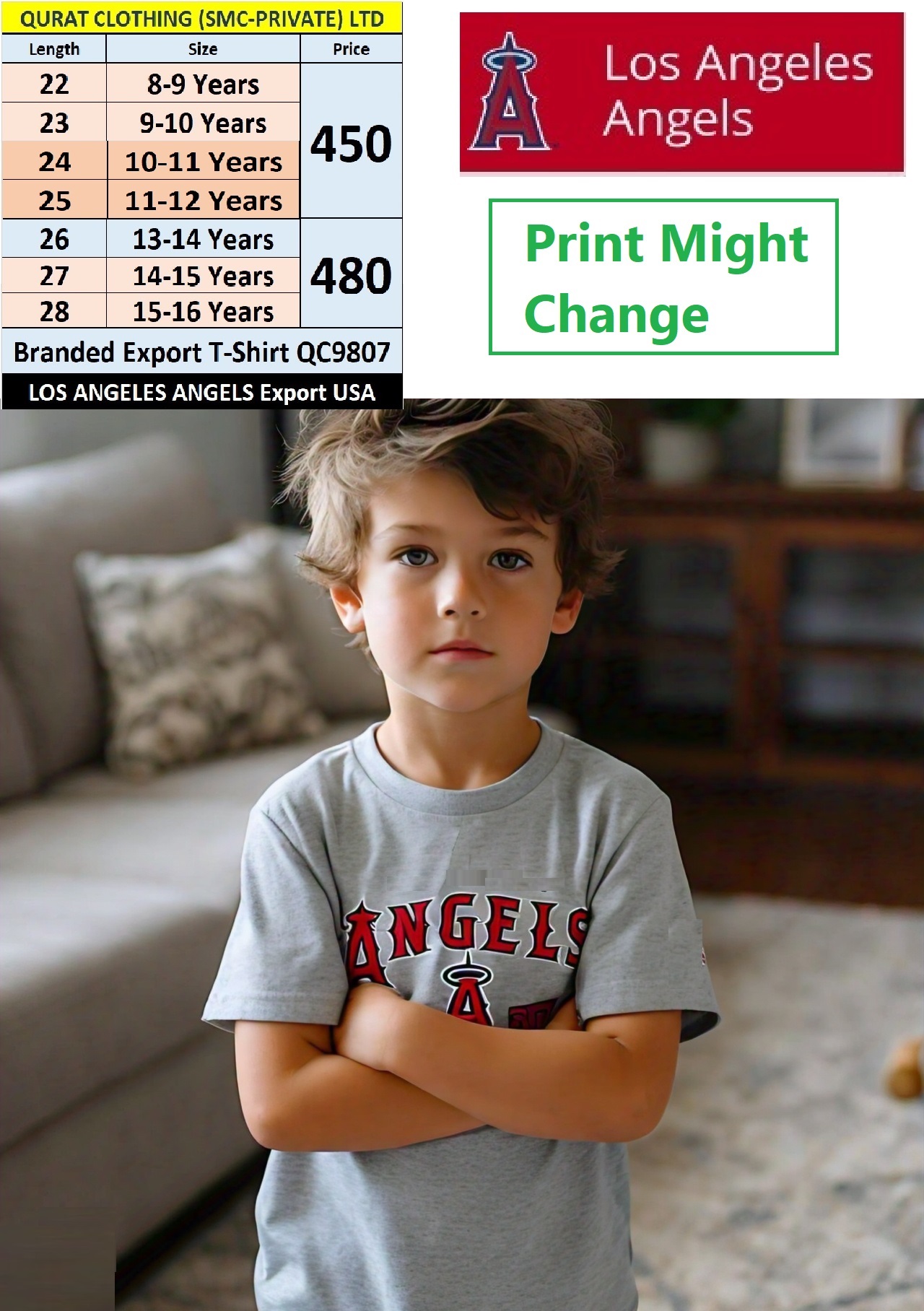 Brand Los Angeles Angels Grey T-Shirt QC9807 Export USA (Print Might Change)