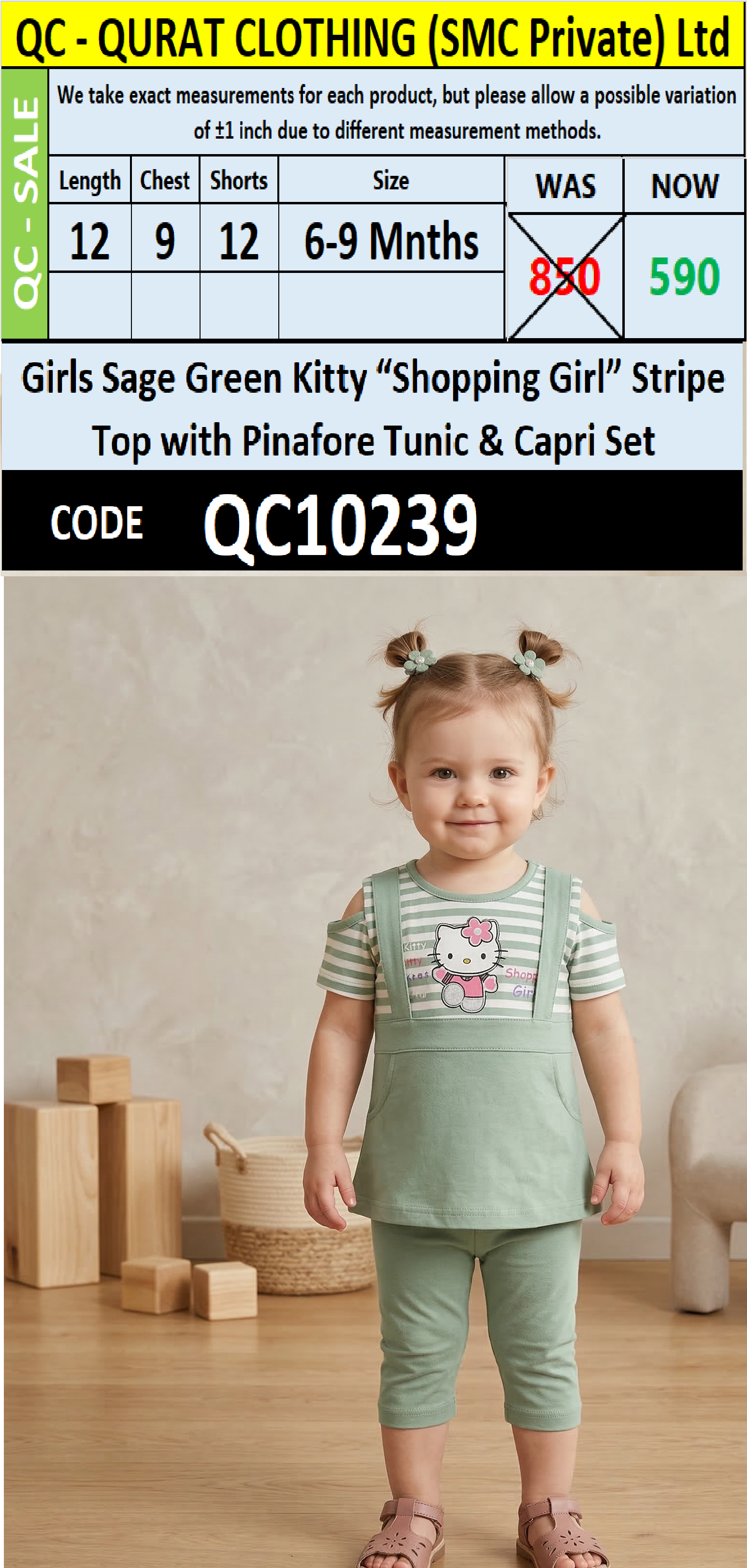 Girls Sage Green Kitty “Shopping Girl” Stripe Top with Pinafore Tunic & Capri Set – QC10239