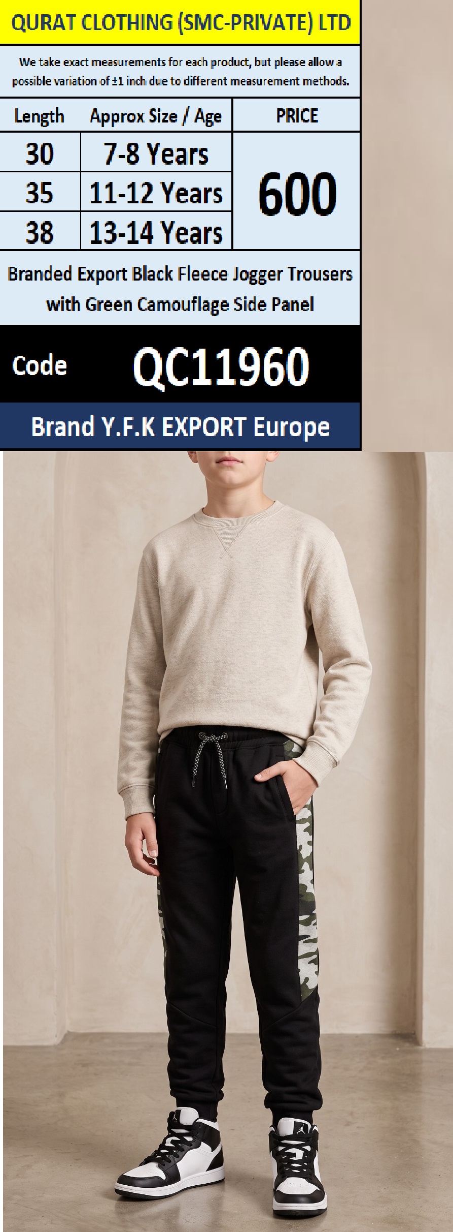 Y.F.K Export Europe Branded Export Black Fleece Jogger Trousers with Green Camouflage Side Panel – QC11960