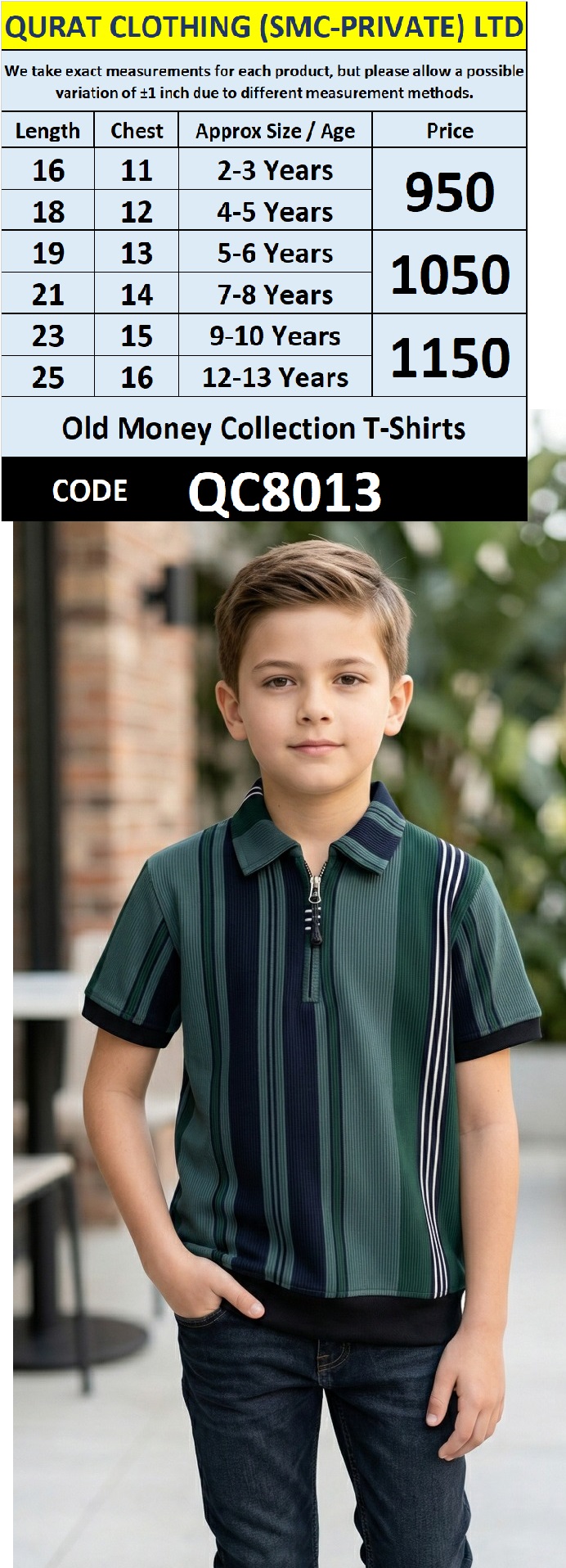 Old Money Deep Green & Navy Ribbed Half-Zip Polo T-Shirt with Multi Vertical Stripe Design QC8013