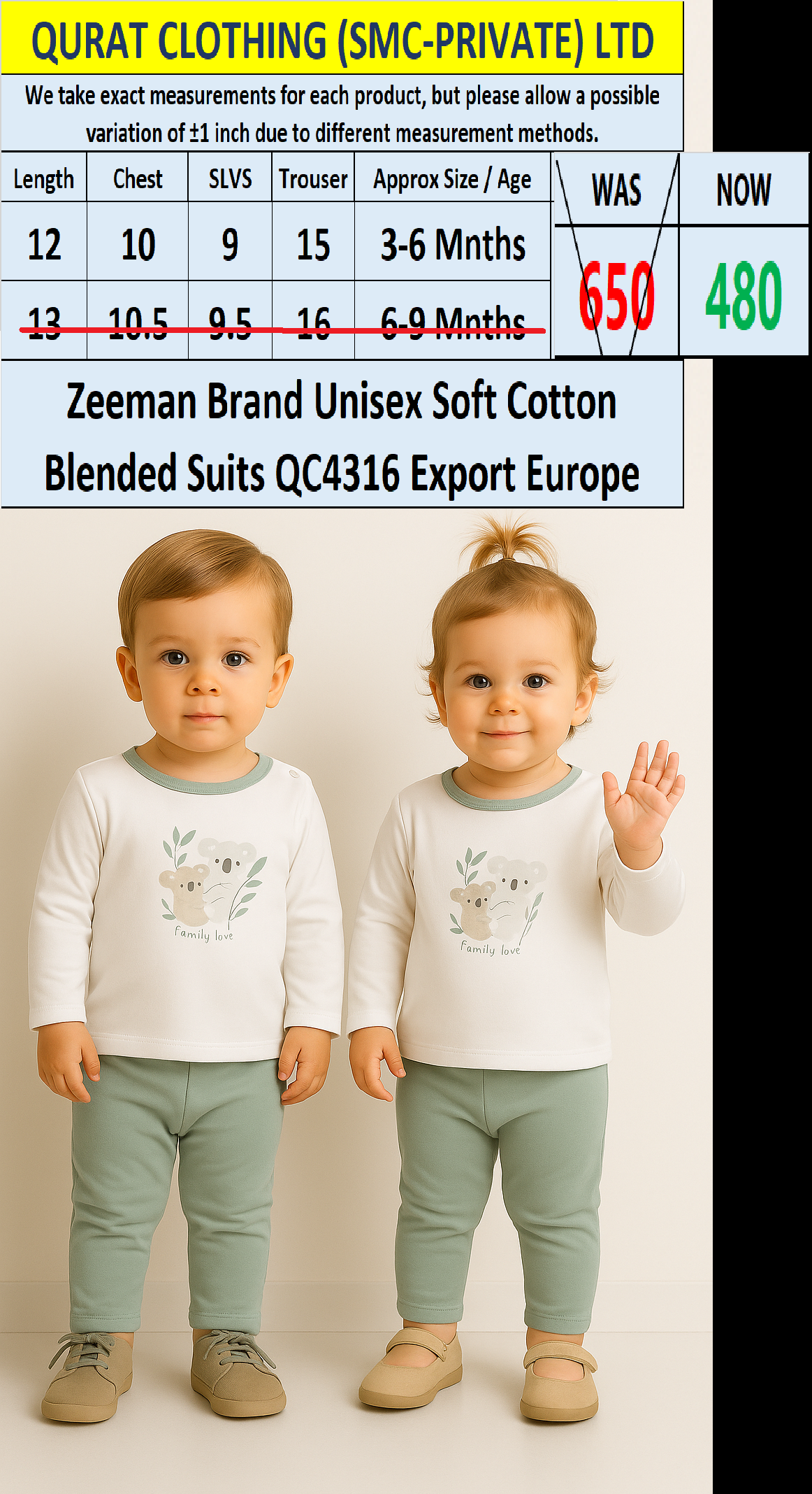 Zeeman Brand Unisex Soft Cotton Blended Suits QC4316 Export Europe 