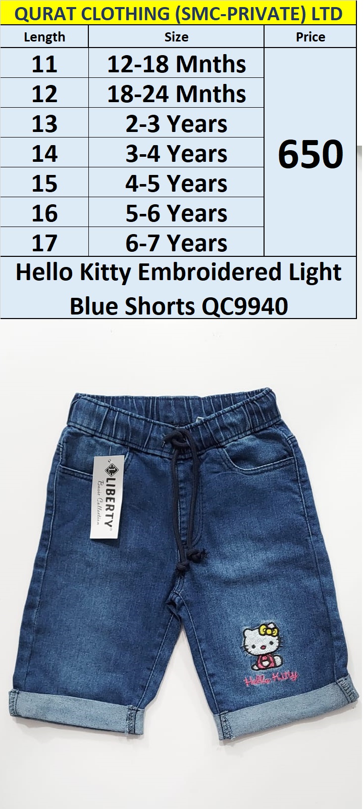 Hello Kitty Embroidered Girls Light Blue Shorts QC9940