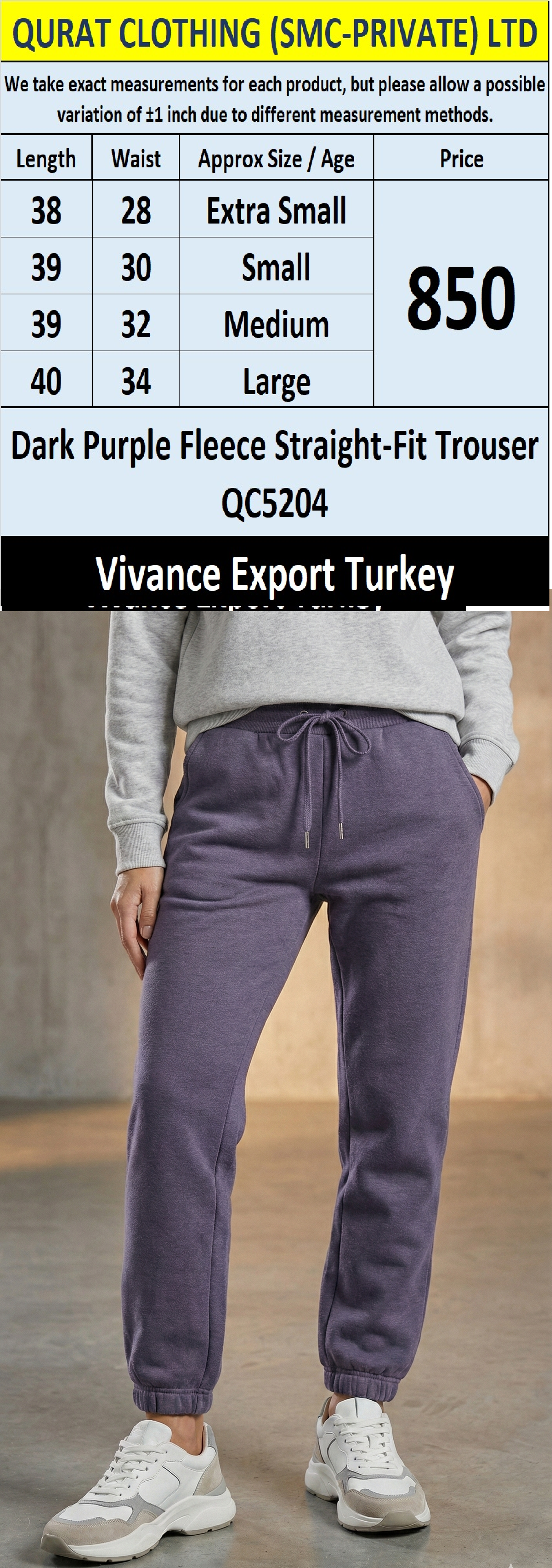 Vivance Dark Purple Fleece Straight-Fit Trouser QC5204 – Export Turkey