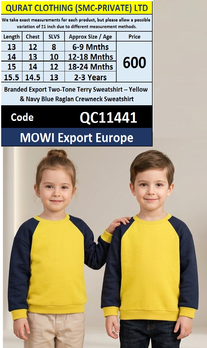 MOWI Export Europe Branded Two-Tone Terry Sweatshirt – Yellow & Navy Blue Raglan Crewneck – QC11441