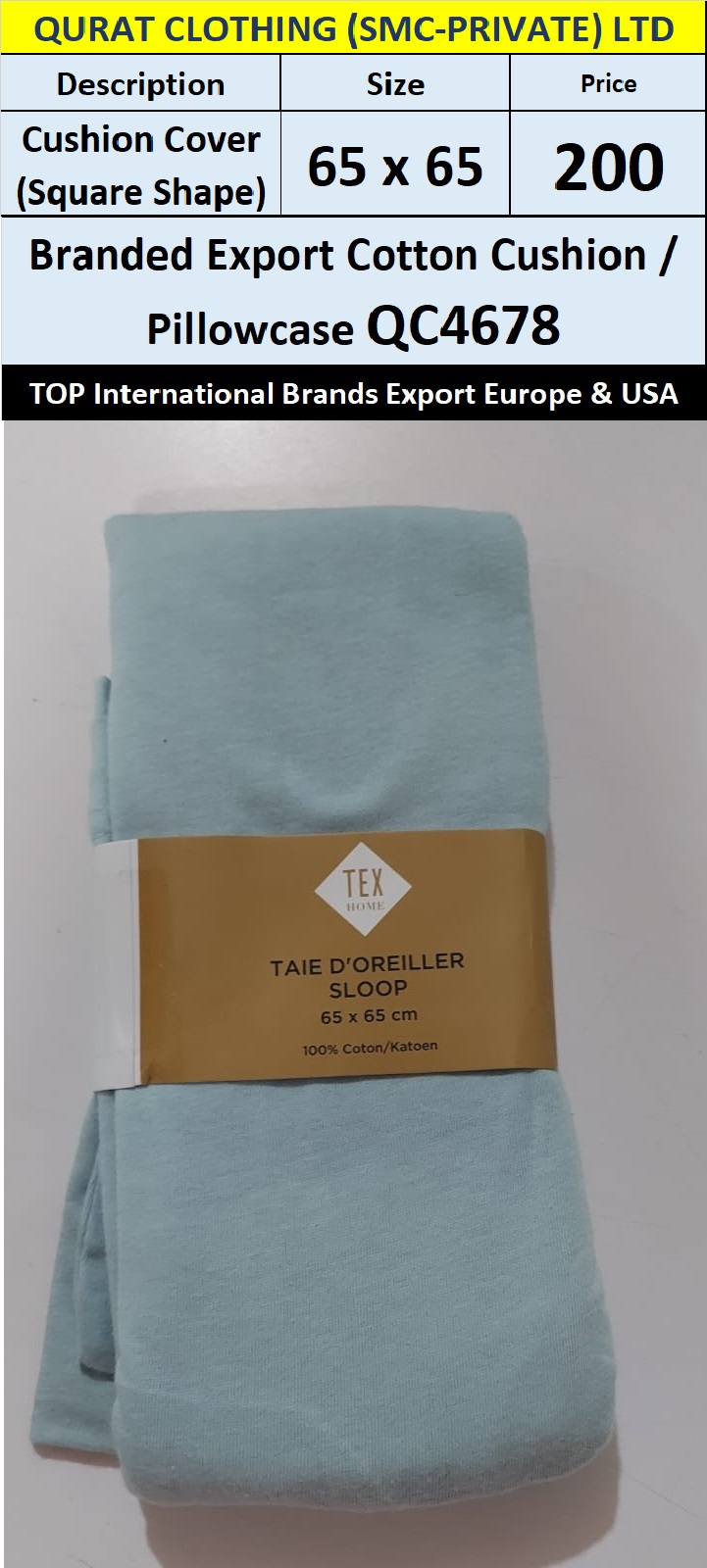 Top Intl Brand Cotton Cushion Cover Square Shape QC4678 Export Europe & USA