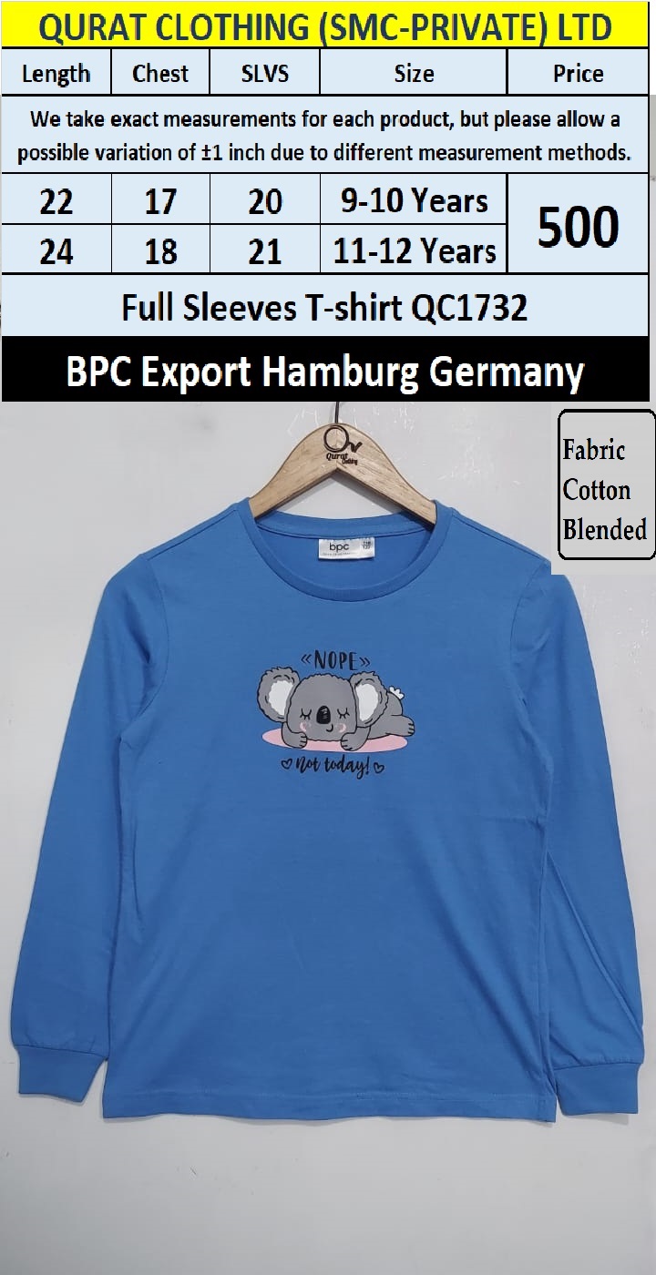 Branded Export Blue Full Sleeves Cotton Blended T-shirt QC1732 | Qurat Clothing