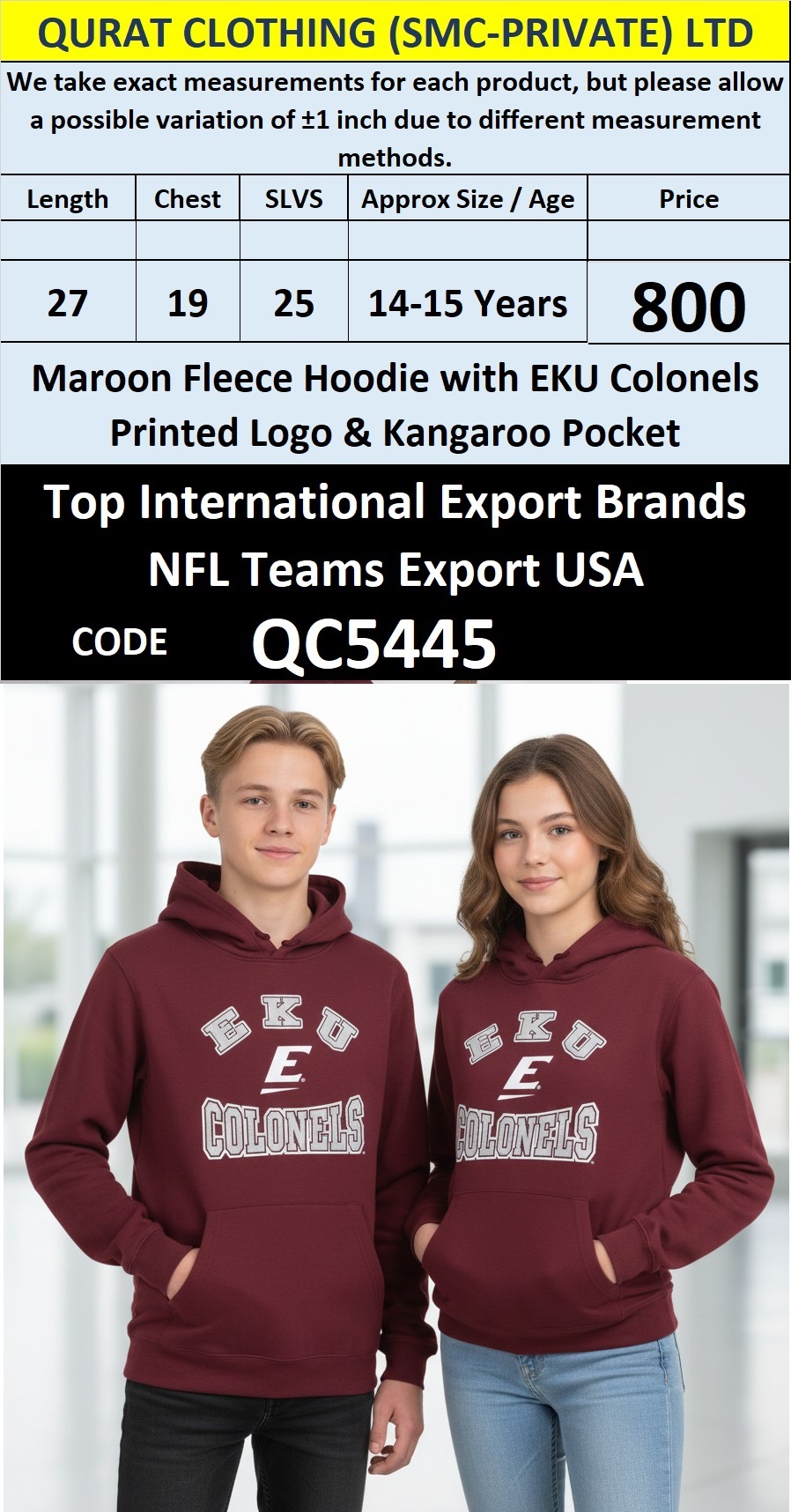 Maroon Fleece Hoodie EKU Colonels Printed Logo with Kangaroo Pocket – Export USA – QC5445
