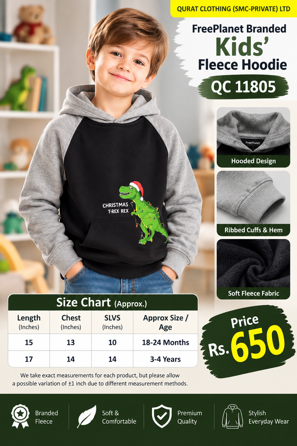 FreePlanet Branded Kids’ Black & Grey Fleece Hoodie with Christmas T-Rex Print — QC11805