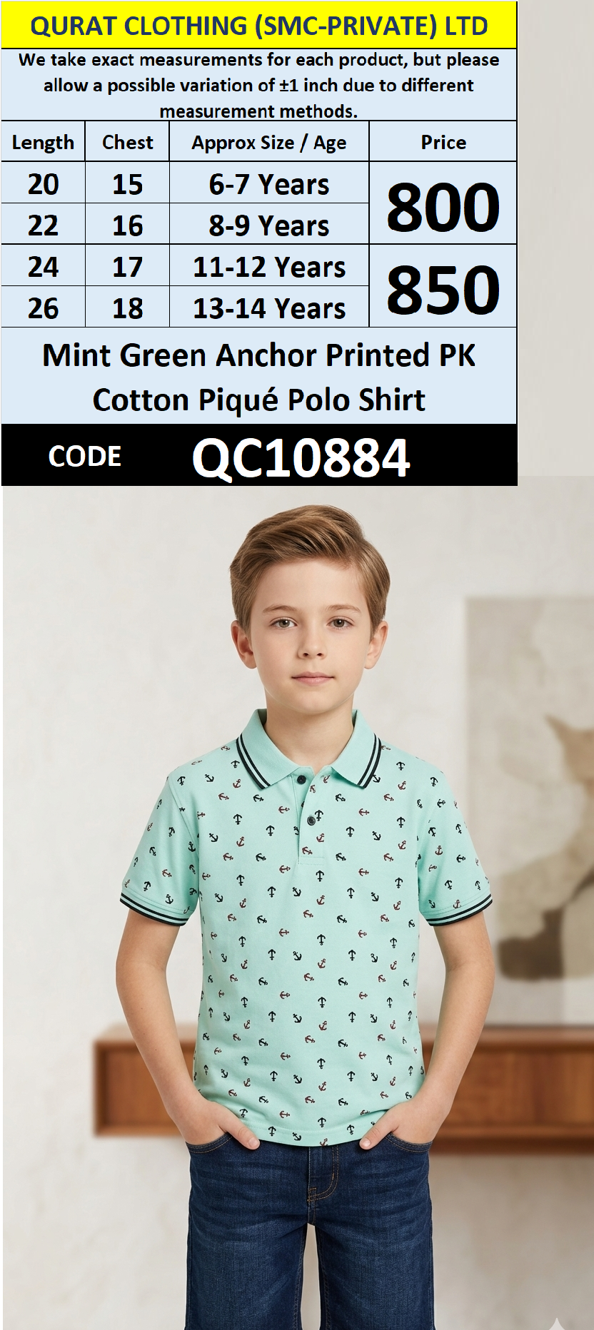 Mint Green Anchor Printed PK Cotton Piqué Polo Shirt QC10884