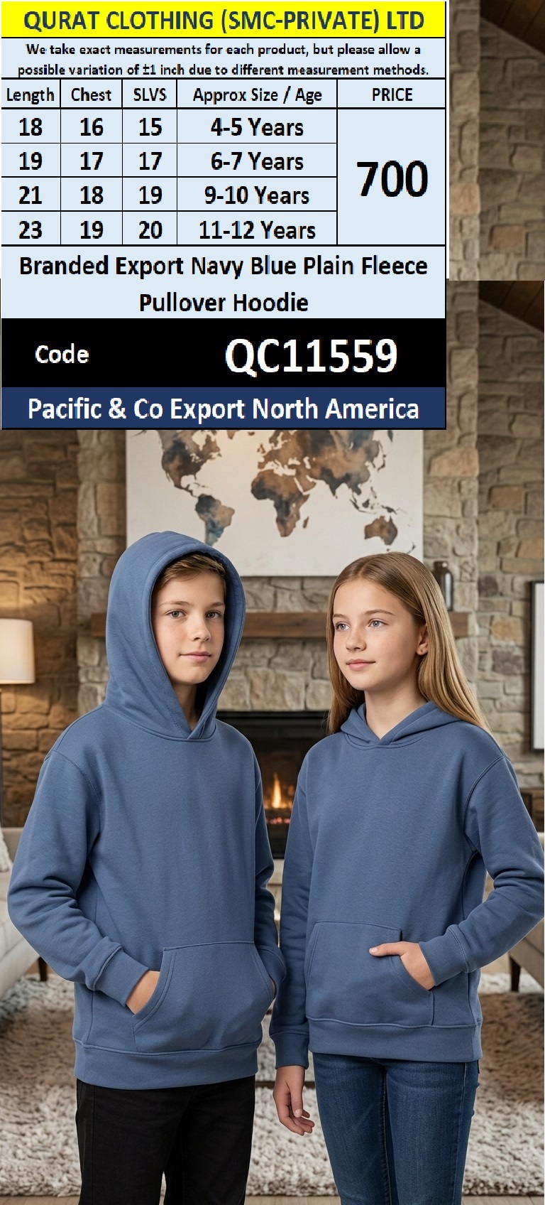 Branded Export Navy Blue Plain Fleece Pullover Hoodie – Pacific & Co Export North America – QC11559