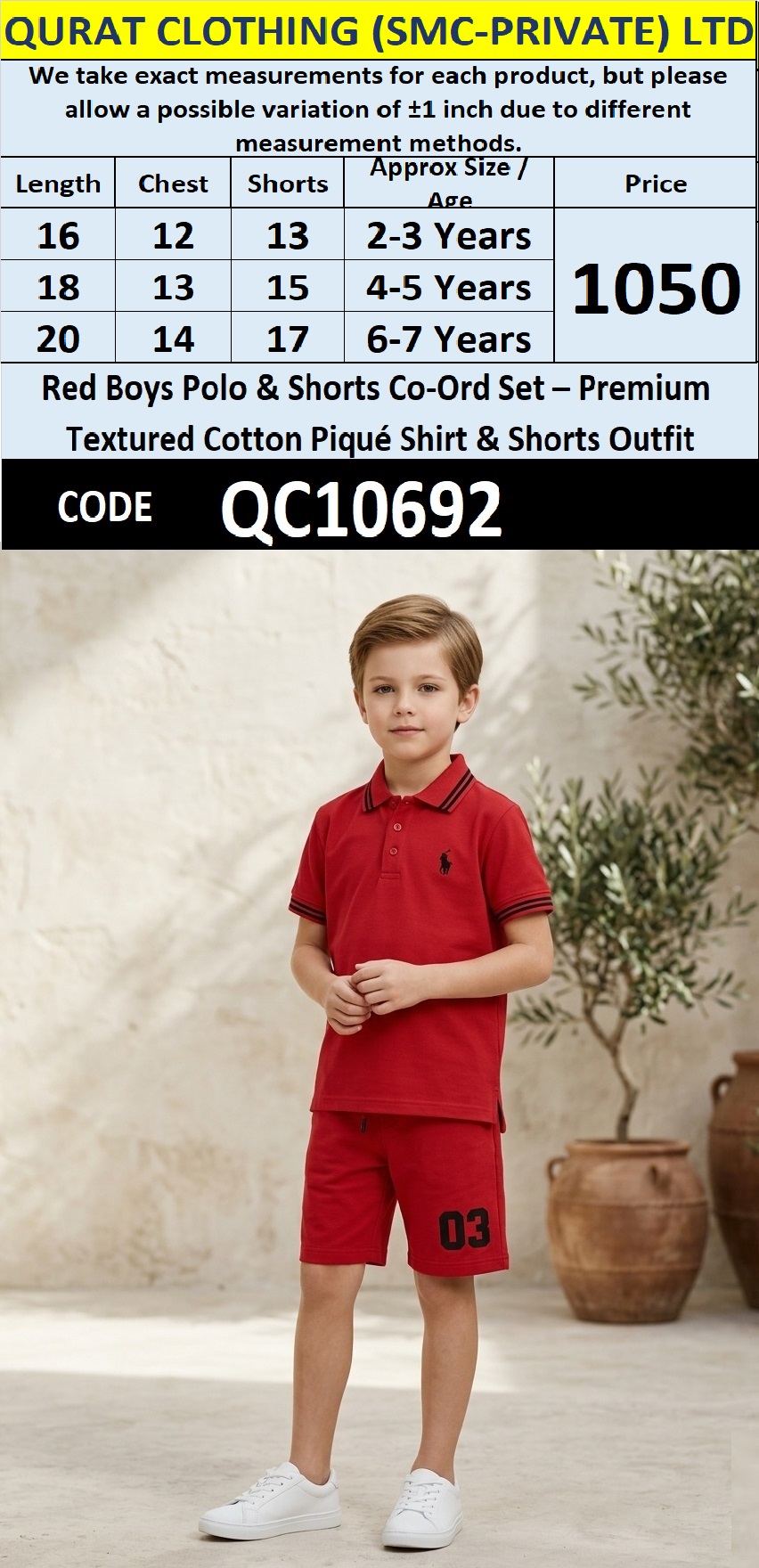 Red Boys Polo & Shorts Co-Ord Set – Premium Textured Cotton Piqué Shirt & Shorts Outfit QC10692