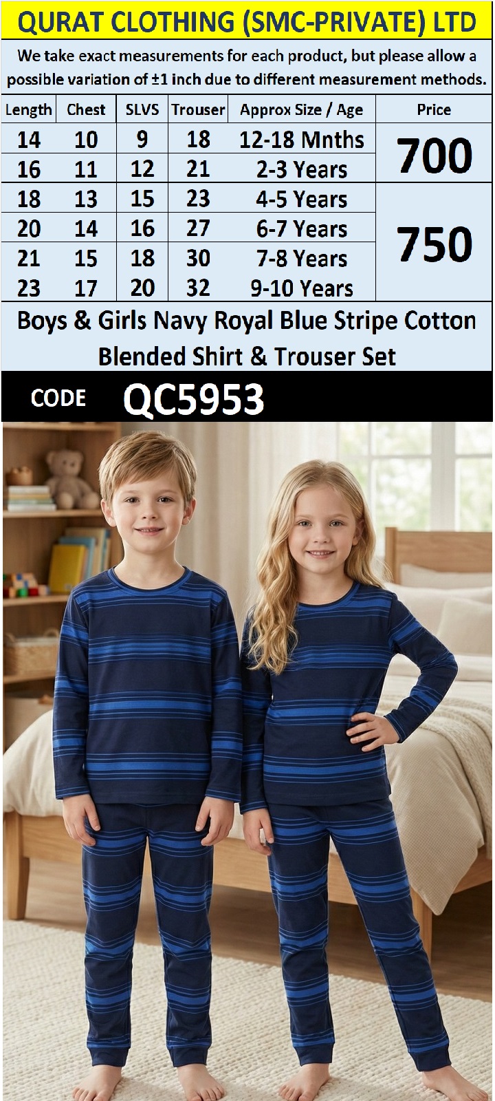Kids Navy Blue & Royal Blue Striped Cotton Blended Two Piece Shirt & Trouser Set – QC5953