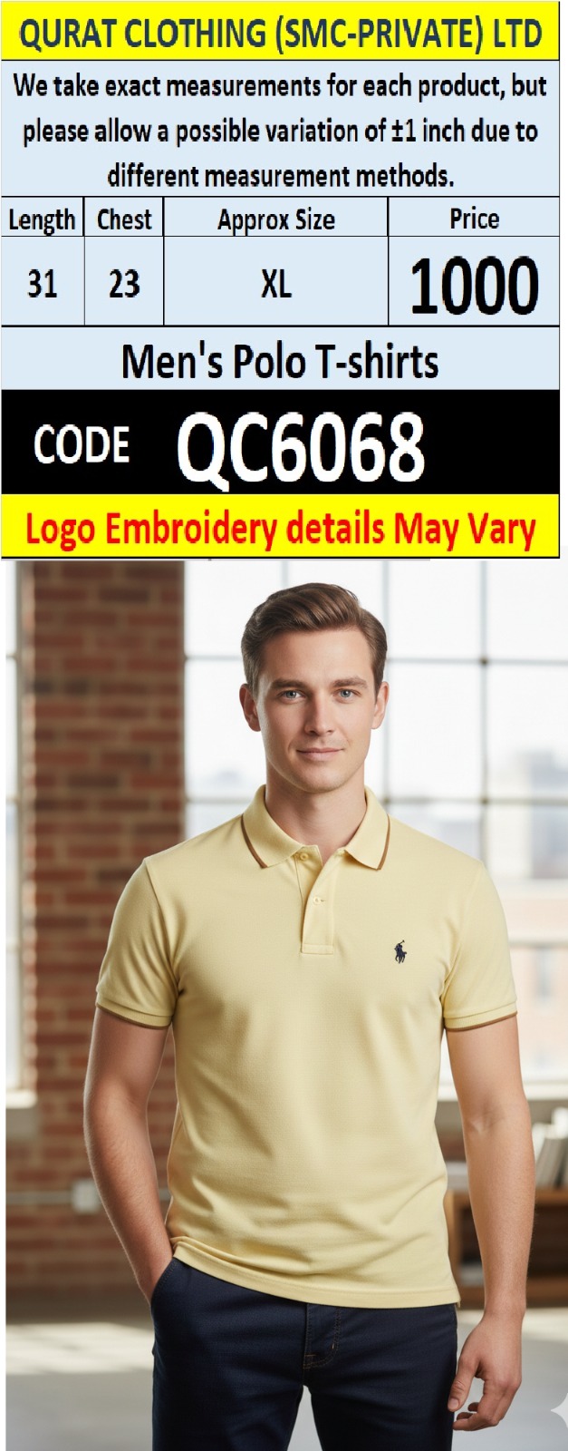 Pastel Yellow PK Cotton Piqué Polo T-Shirt Embroidered Logo Men’s Regular Fit – QC6068