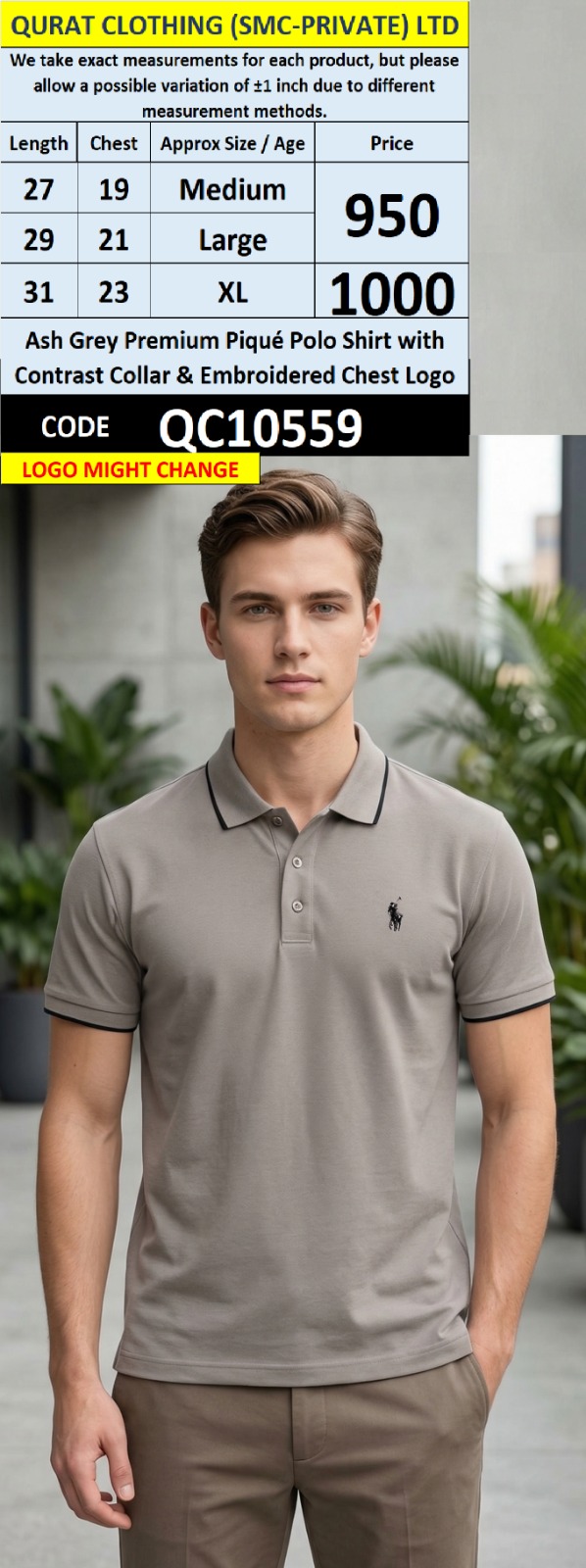 Ash Grey Premium Piqué Polo Shirt with Contrast Collar & Embroidered Chest Logo – QC10559