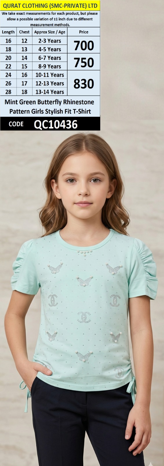 Mint Green Butterfly Rhinestone Pattern Girls Stylish Fit T-Shirt QC10436