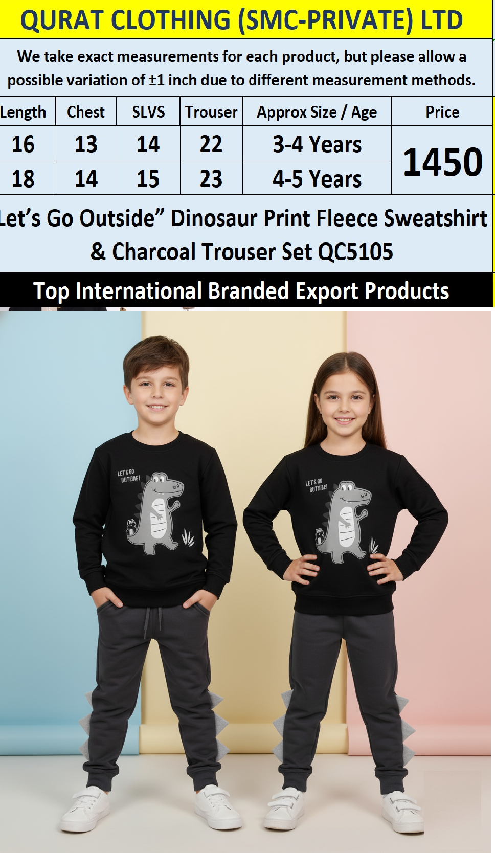 “Let’s Go Outside” Dinosaur Print Fleece Sweatshirt & Charcoal Trouser Set QC5105 – Top International Branded Export Product - QC5105