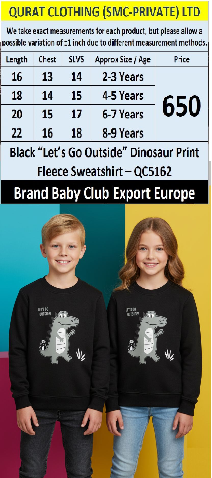 Baby Club Brand Black “Let’s Go Outside” Dinosaur Print Fleece Sweatshirt QC5162 – Export Europe