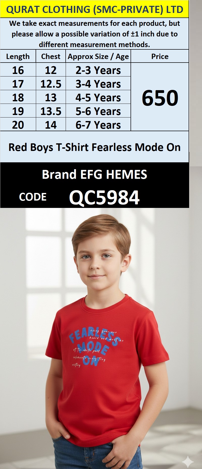 Red Cotton Blended  T-Shirt FEARLESS MODE ON Printed Graphic – Kids Casual Tee – QC5984