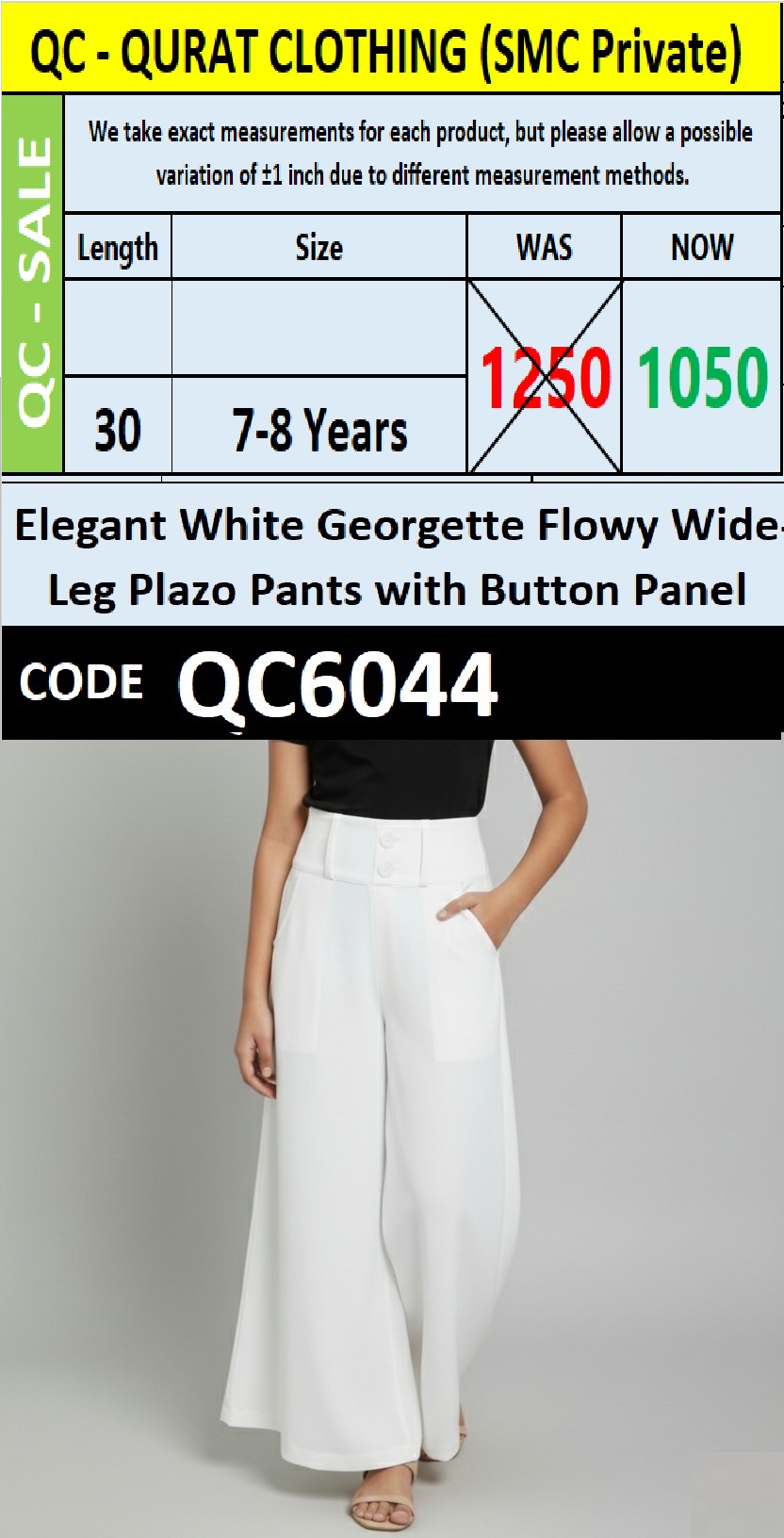 White Georgette High-Waist Wide-Leg Plazo Pants with Button Panel Detail – QC6044