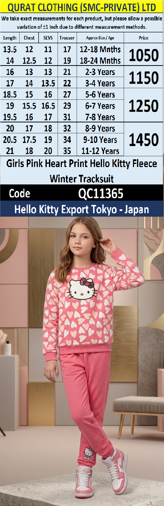 Girls Pink Heart Print Hello Kitty Fleece Winter Tracksuit – Hello Kitty Export Tokyo Japan QC11365 - QC11365