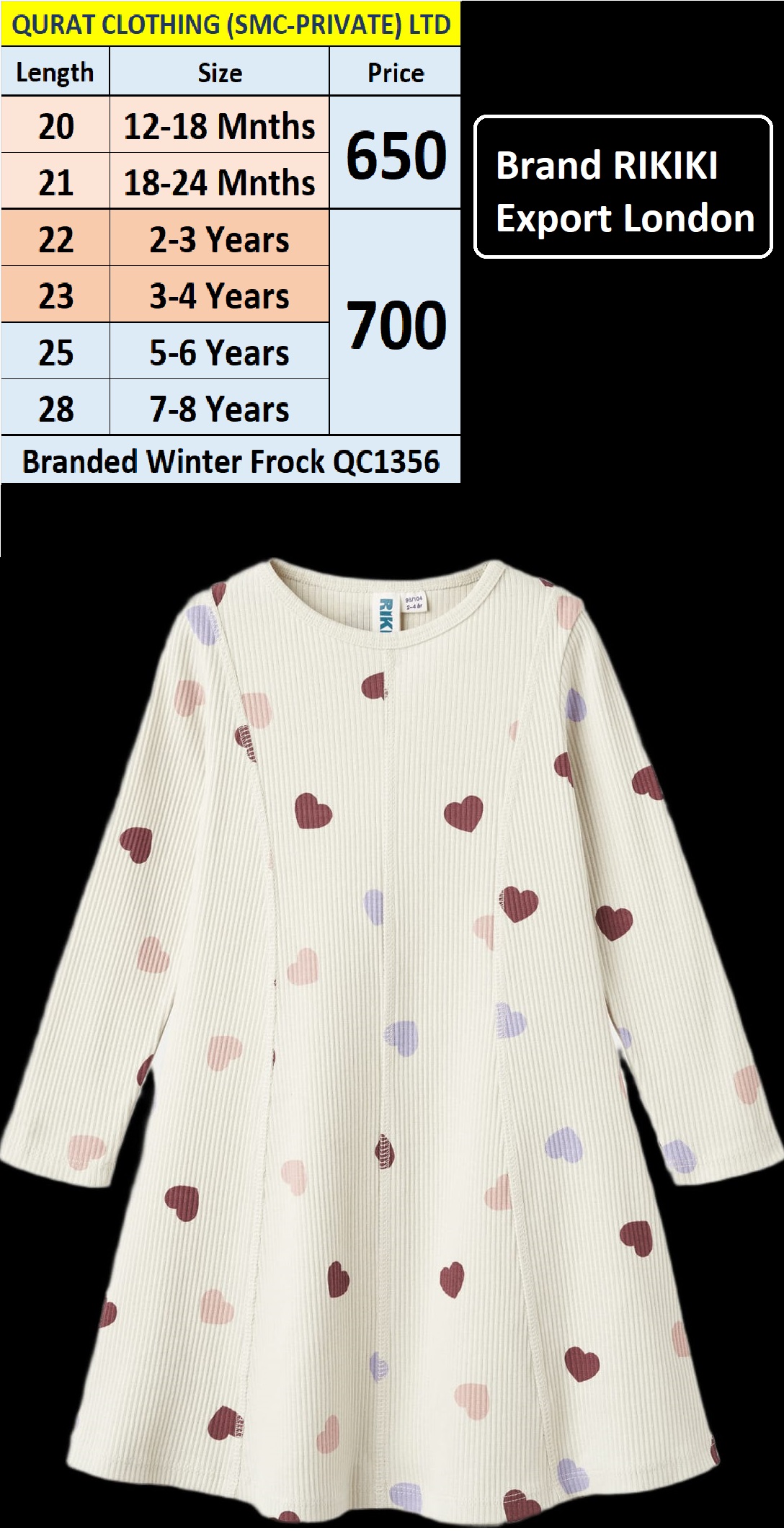 RIKIKI Brand Winter Full Sleeves Frock QC1356 Export London