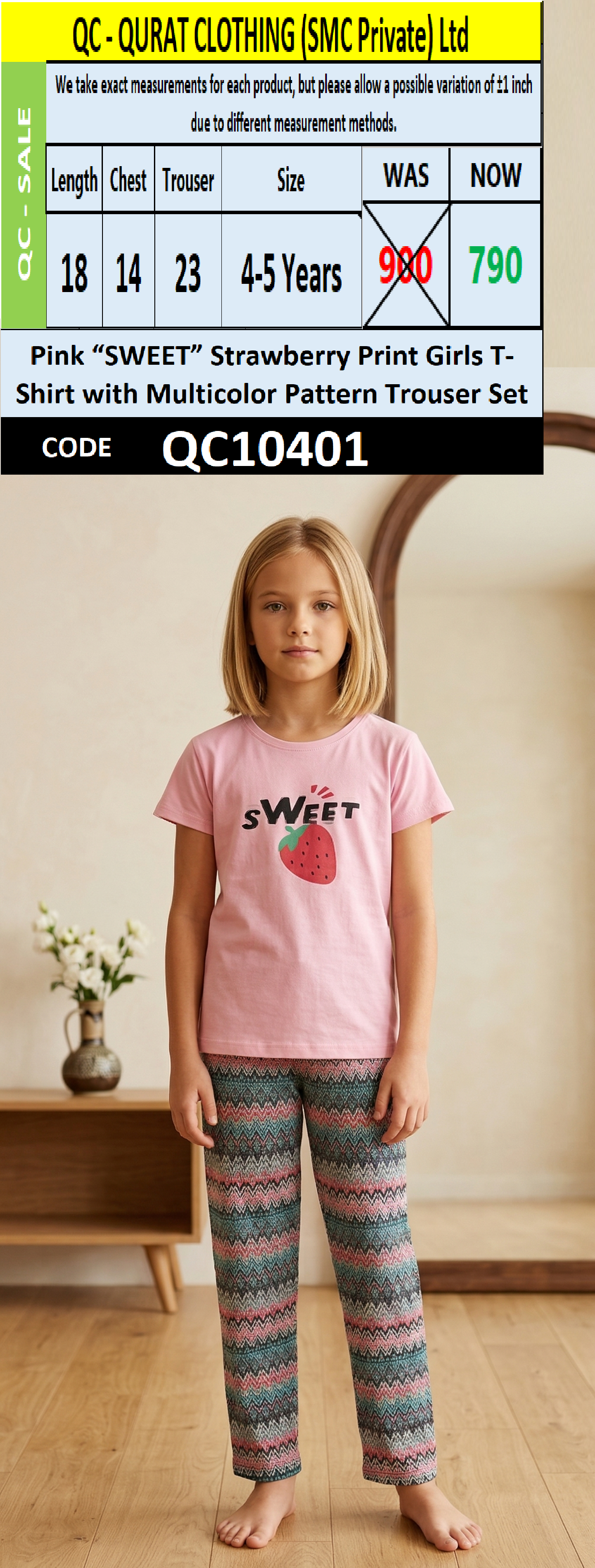 Pink “SWEET” Strawberry Print Girls T-Shirt with Multicolor Pattern Trouser Set QC10401