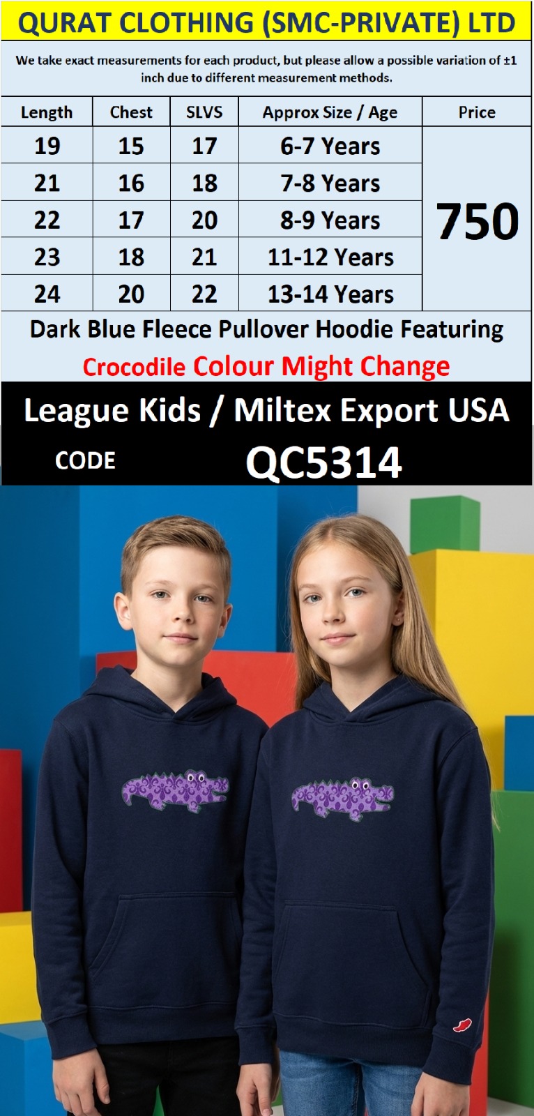 Dark Blue Fleece Pullover Hoodie Crocodile Print Kids QC5314