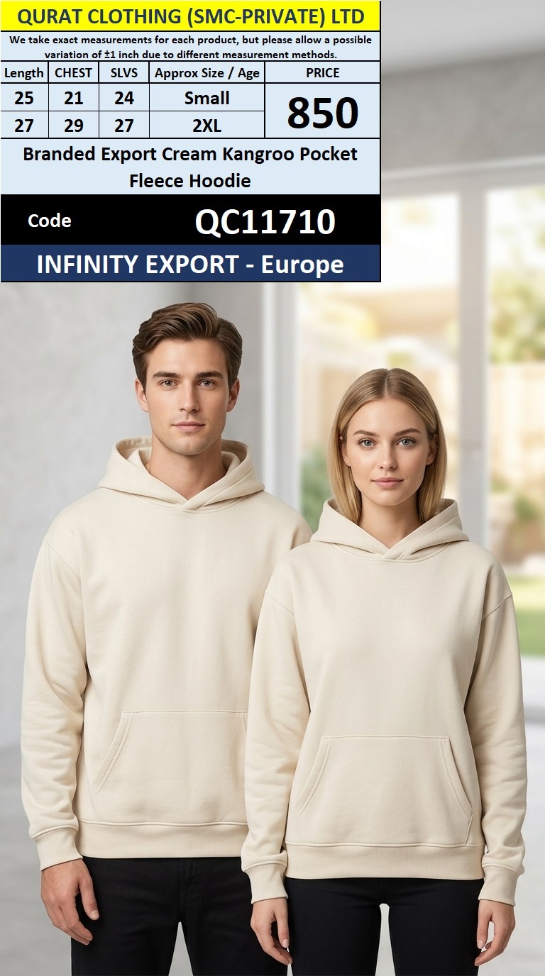 Infinity Export Europe Branded Export Cream Plain Kangaroo Pocket Fleece Hoodie QC11710