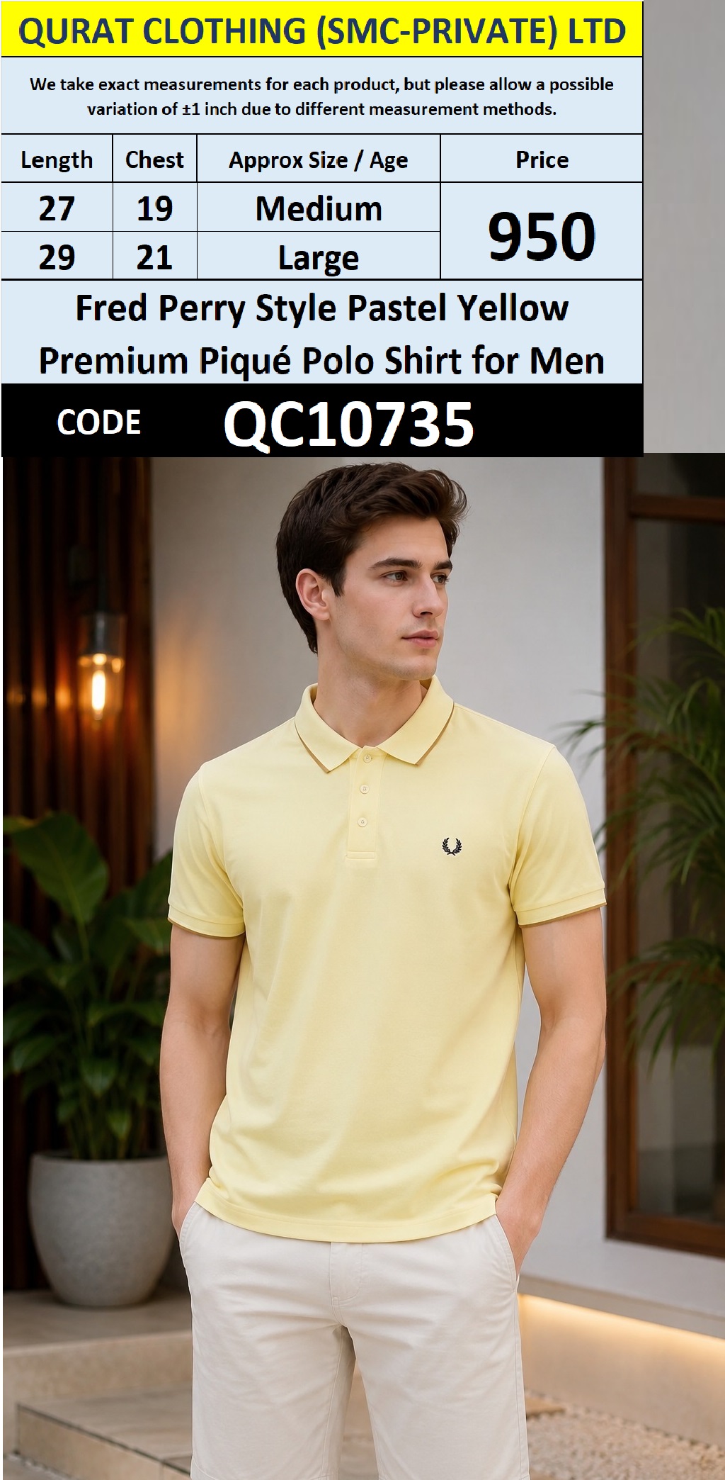 Fred Perry Style Pastel Yellow Premium Piqué Polo Shirt for Men – QC10735
