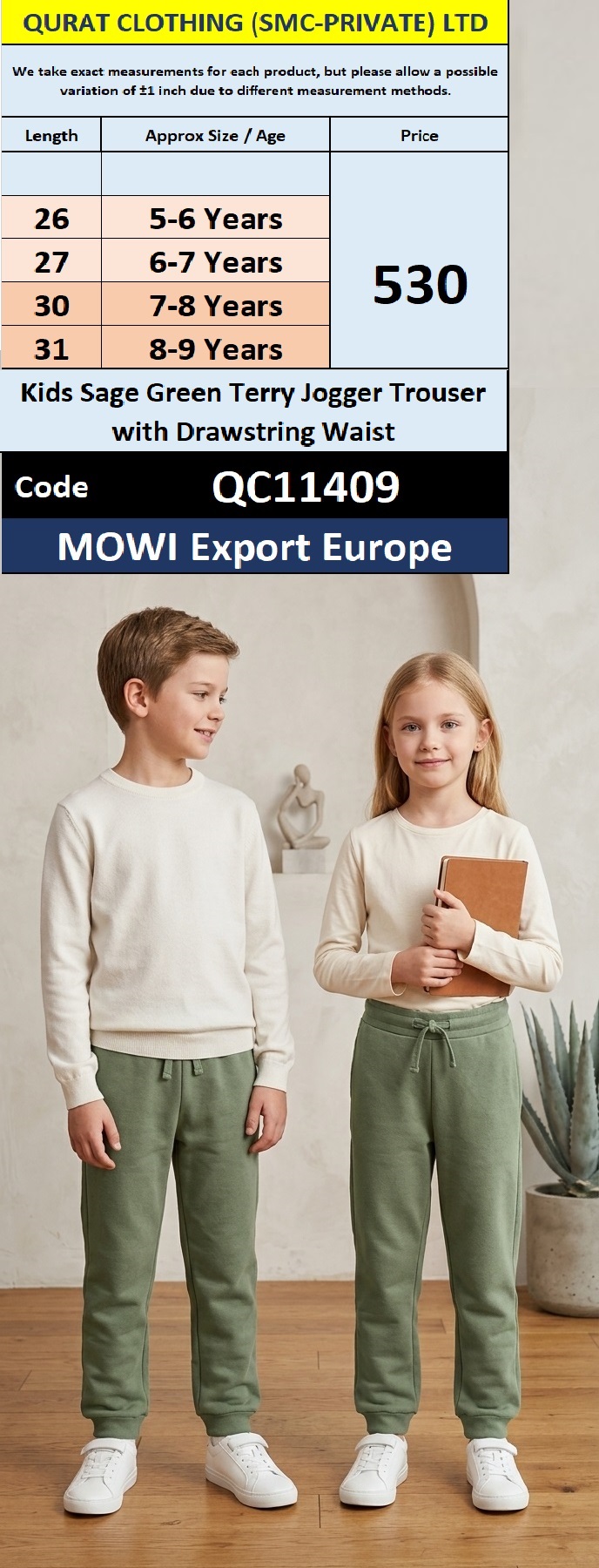 MOWI Export Europe Kids Sage Green Terry Jogger Trouser with Drawstring Waist – QC11409