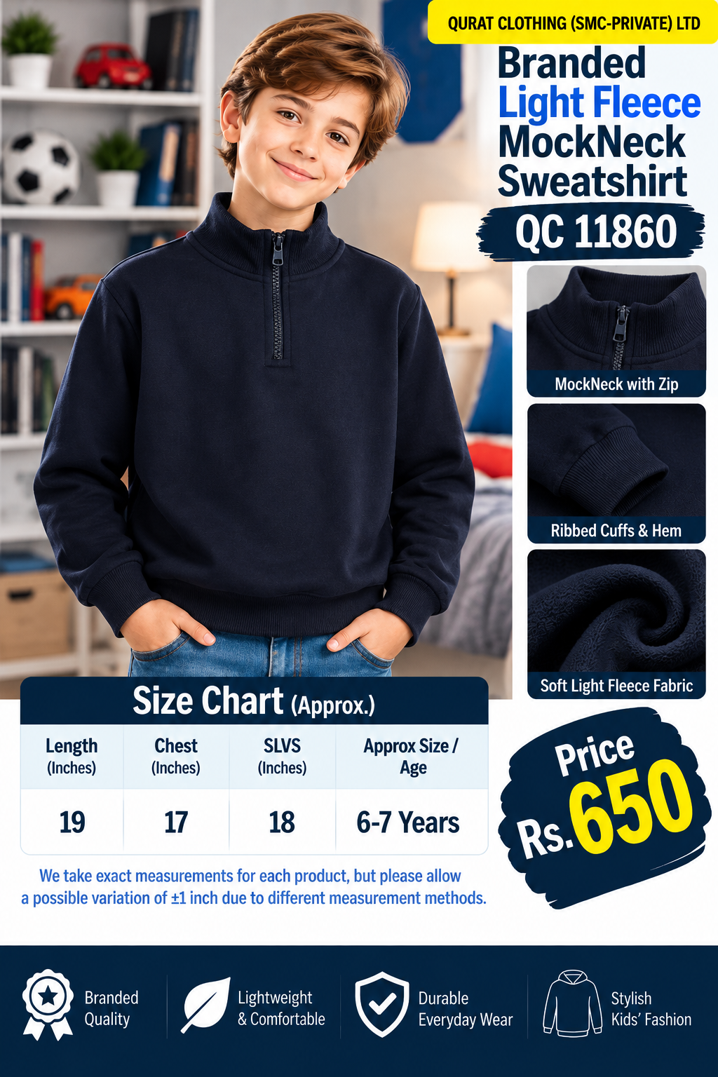 Branded navy blue light fleece mock neck sweatshirt with plain finish with short front zipper — QC11860