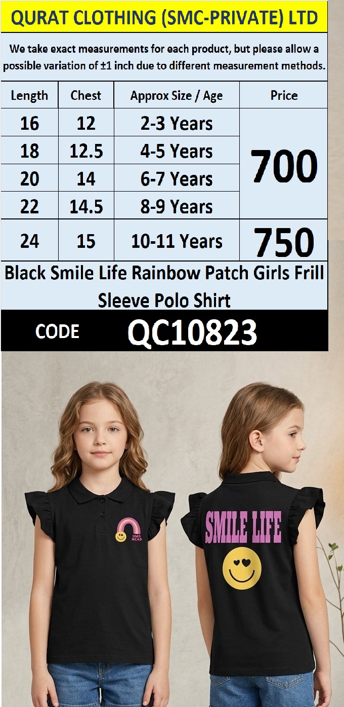 Black Smile Life Rainbow Patch Girls Frill Sleeve Polo Shirt QC10823