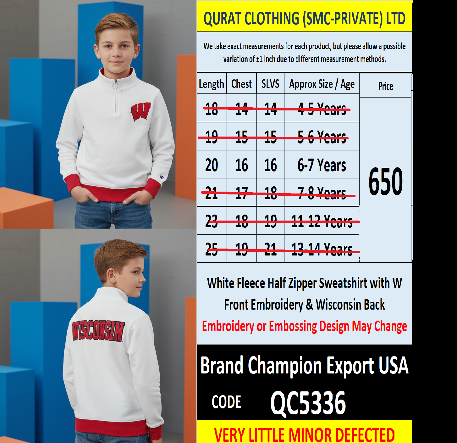 Champion Kids White Fleece Half Zipper Sweatshirt W Front Embroidery Wisconsin Back Embroidery Export USA QC5336