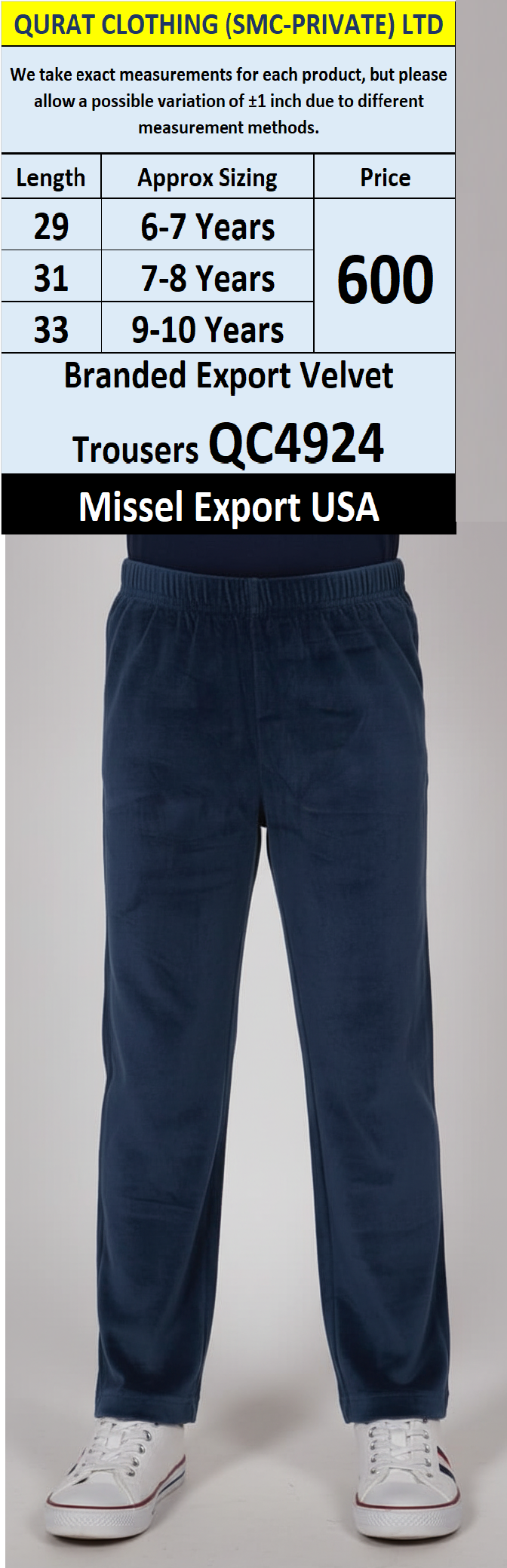 Missel QC4924 Kids Navy Blue Velvet Trousers – Straight Fit Export USA