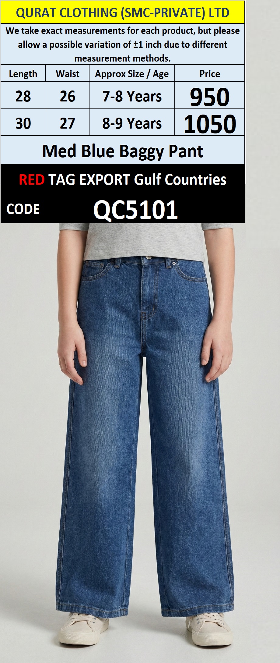 RED TAG Medium Blue Wide Leg Denim Pant QC5101 – Export Arab Countries