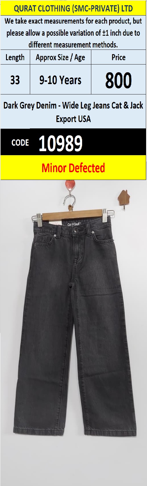 Cat & Jack USA Dark Grey Wide Leg Denim Jeans Pant – QC10989 - (Minor Defected)