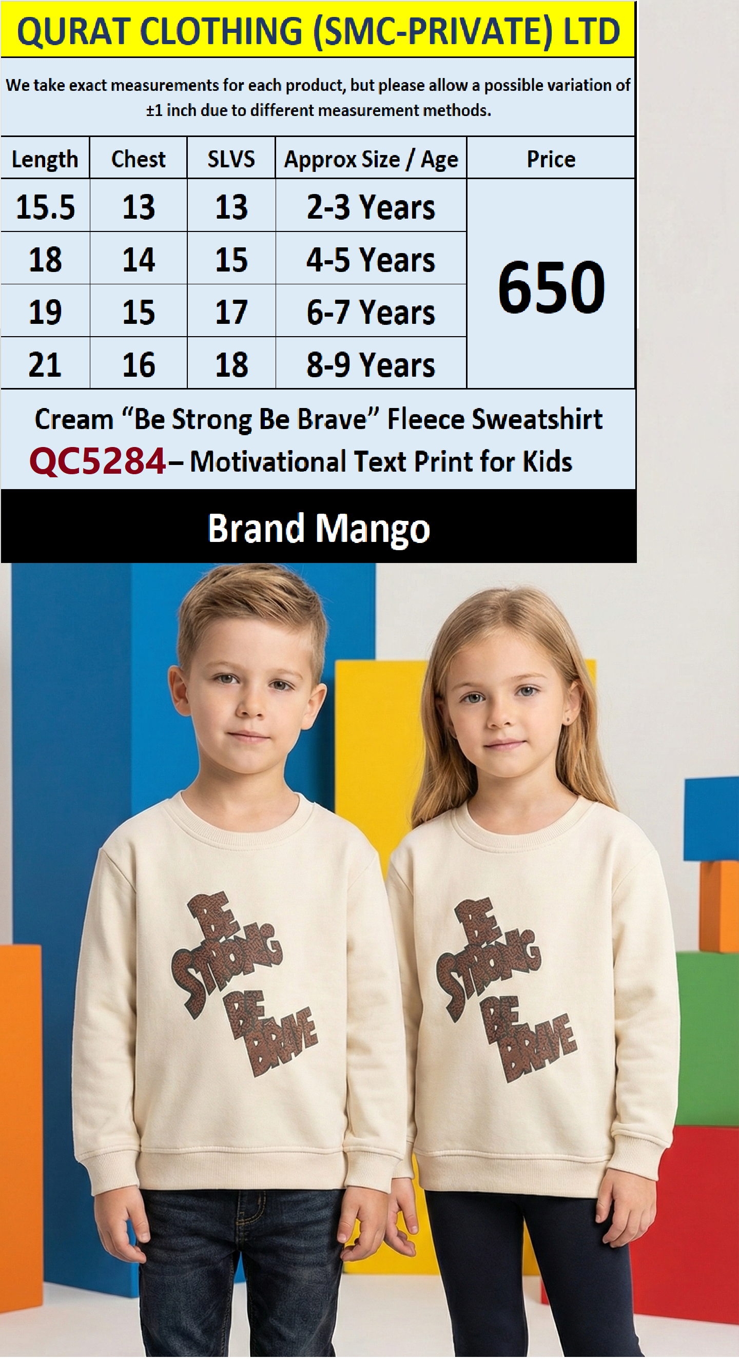 Mango Cream “Be Strong Be Brave” Fleece Sweatshirt for Kids QC5284