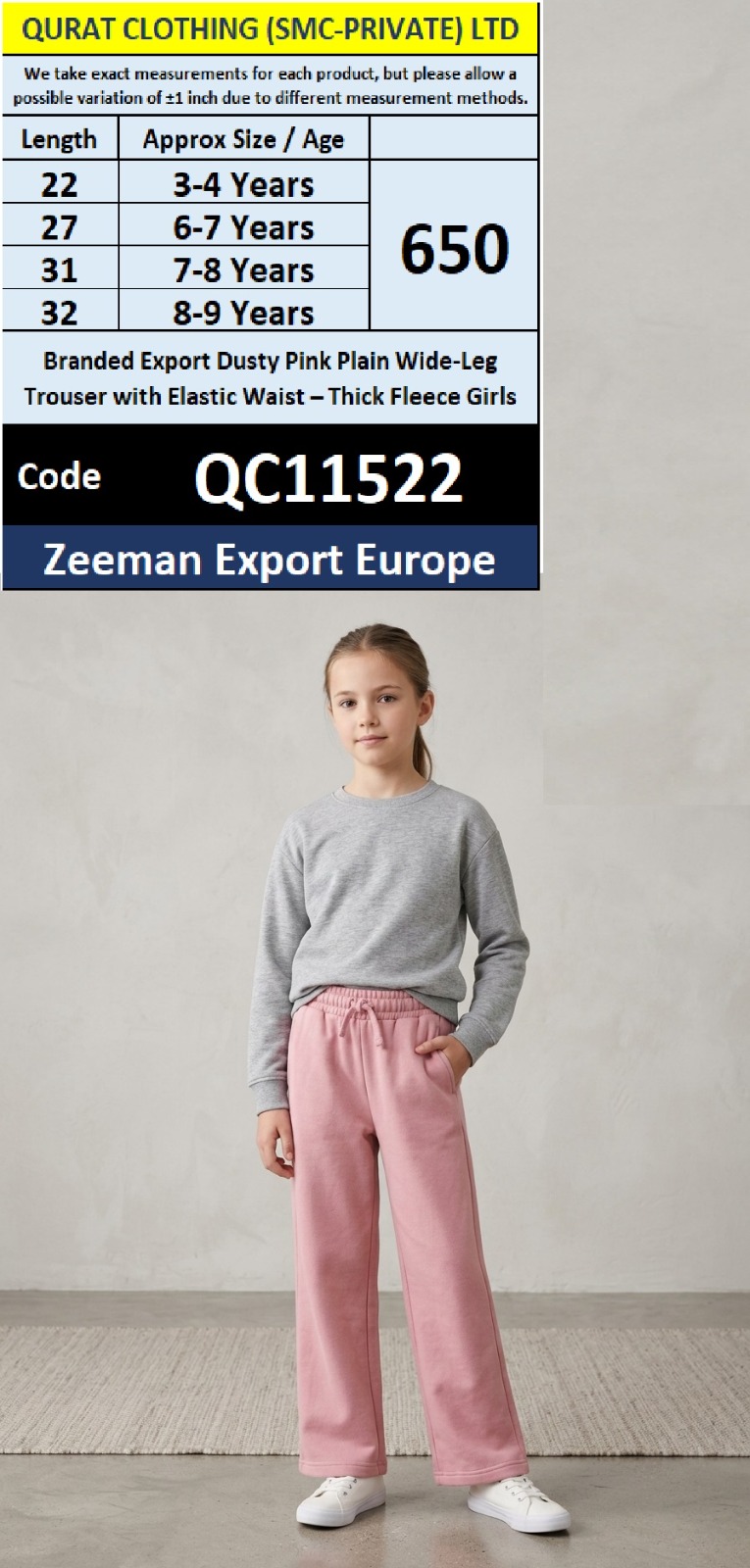 Zeeman Export Europe Branded Dusty Pink Plain Wide-Leg Trouser with Elastic Waist – Thick Fleece Girls – QC11522