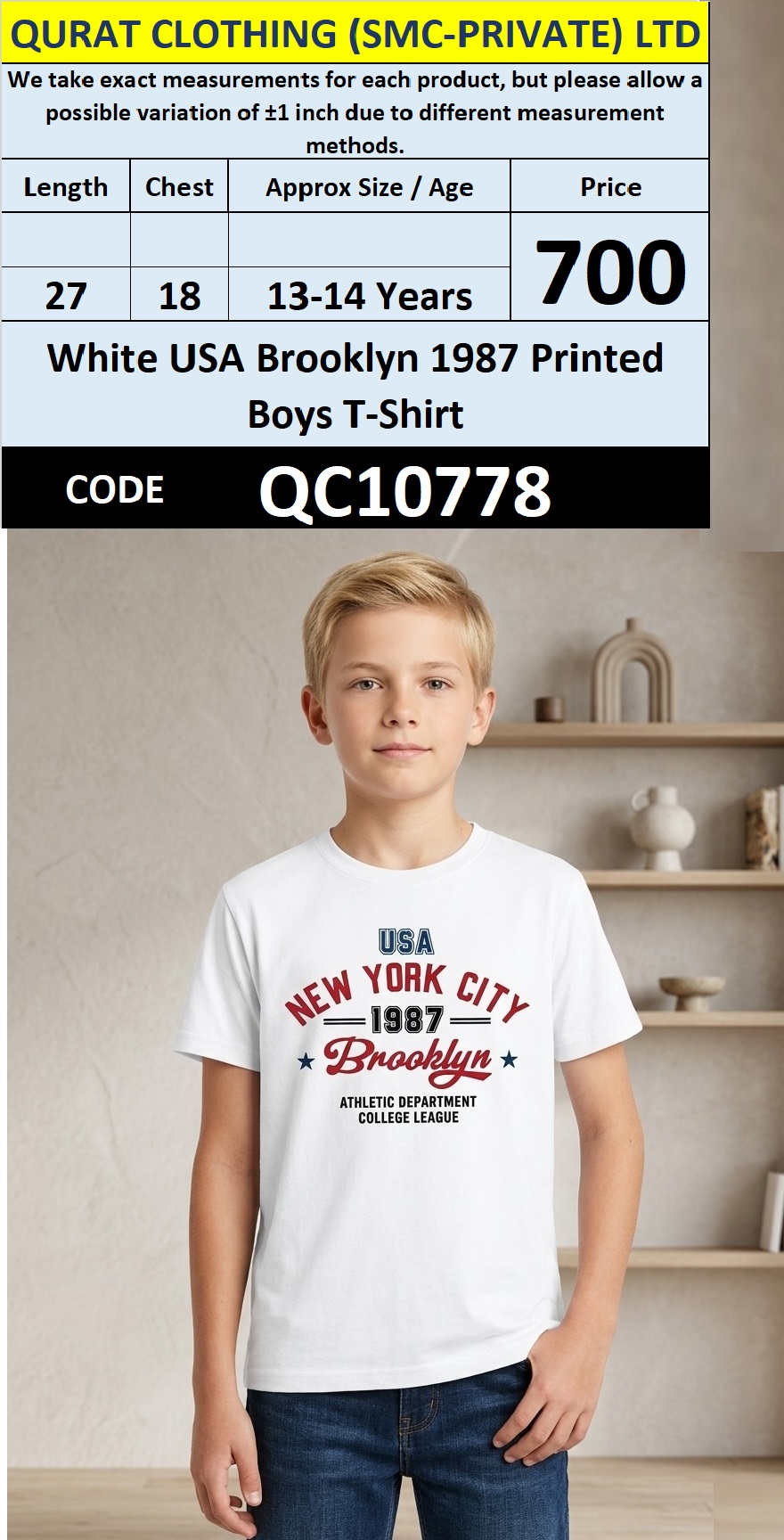 White USA Brooklyn 1987 Printed Boys T-Shirt QC10778