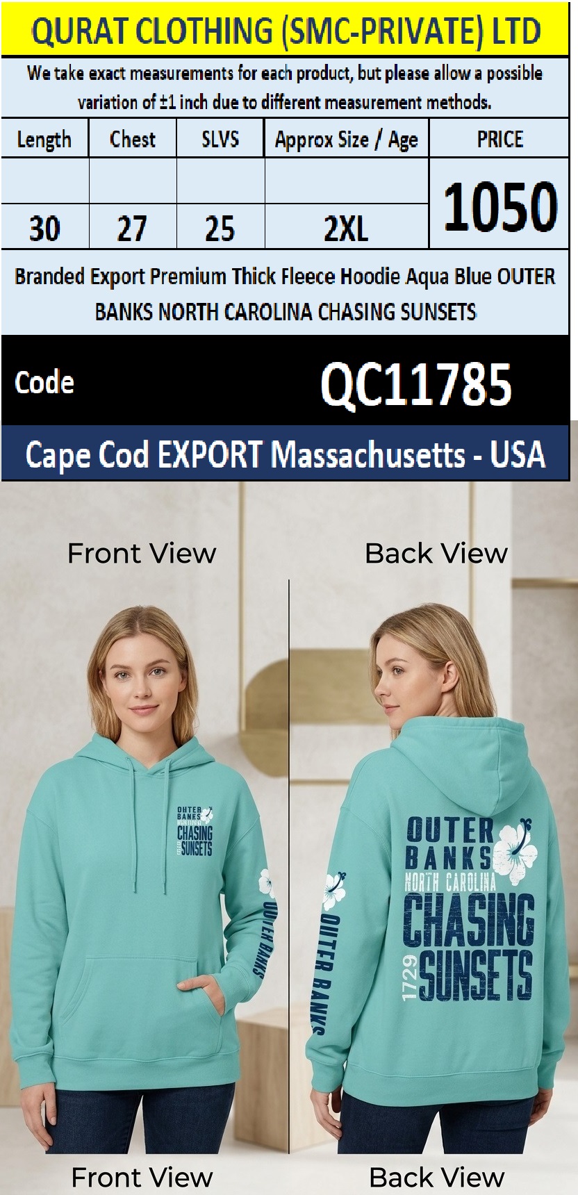 Branded Export Premium Thick Fleece Aqua Blue Hoodie – Outer Banks North Carolina Chasing Sunsets – QC11785