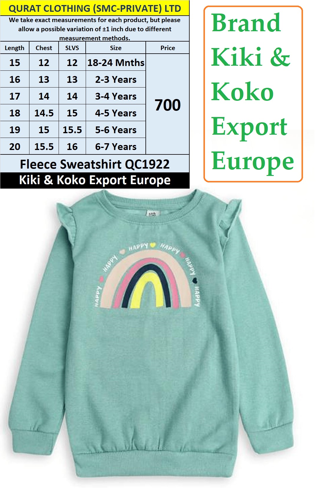 Kiki & Koko Brand Fleece Sweatshirt QC1922 Export Europe