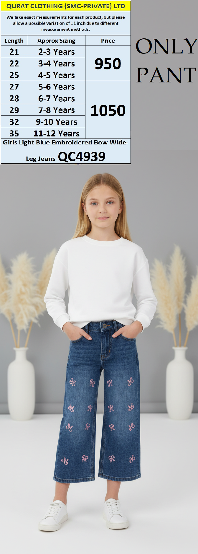 Girls Light Blue Embroidered “Bow” Wide-Leg Jeans QC4939 